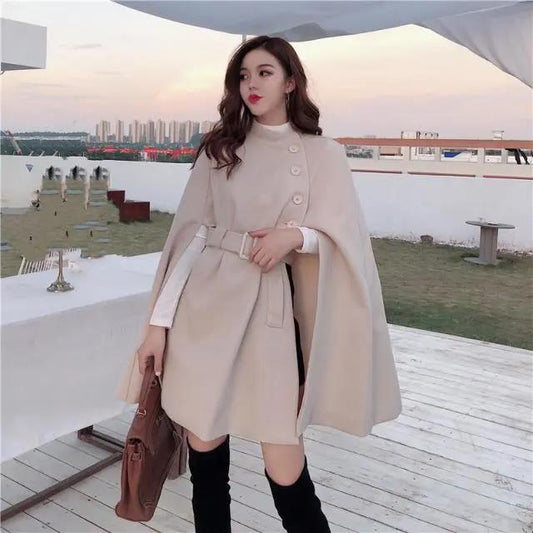 Korean New Style Solid Color Loose Cape Coat Collect Waist Woolen Medium Long Coat Women Winter Tops for Woman