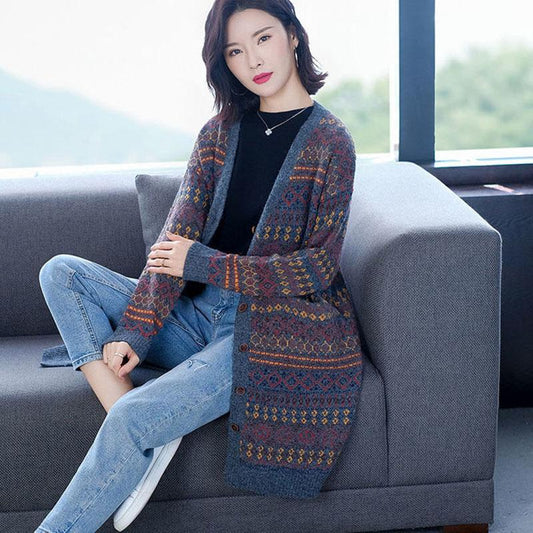 Autumn and Winter Mid-length Wool Top Loose Mid-length Thick Sweater Retro Jacquard Middle-aged Ladies Coat