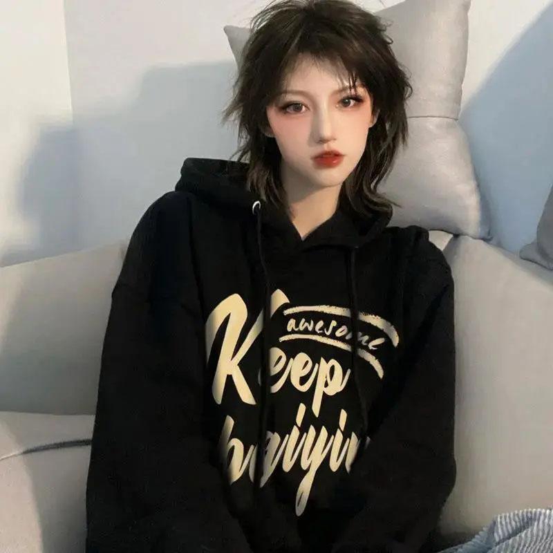 Women's Street Black Hooded Sweater Autumn and Summer Loose Long-sleeved Pullover Sweater Ladies Oversize Lazy Bf Style Top