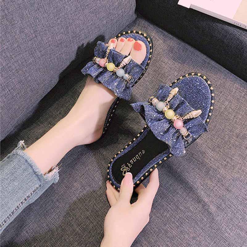 Plus Size 35-40 Summer Women Outdoor Leather Flat Bohemian Beach Wear-resistant Non-slip Office Lady Bead Sandals