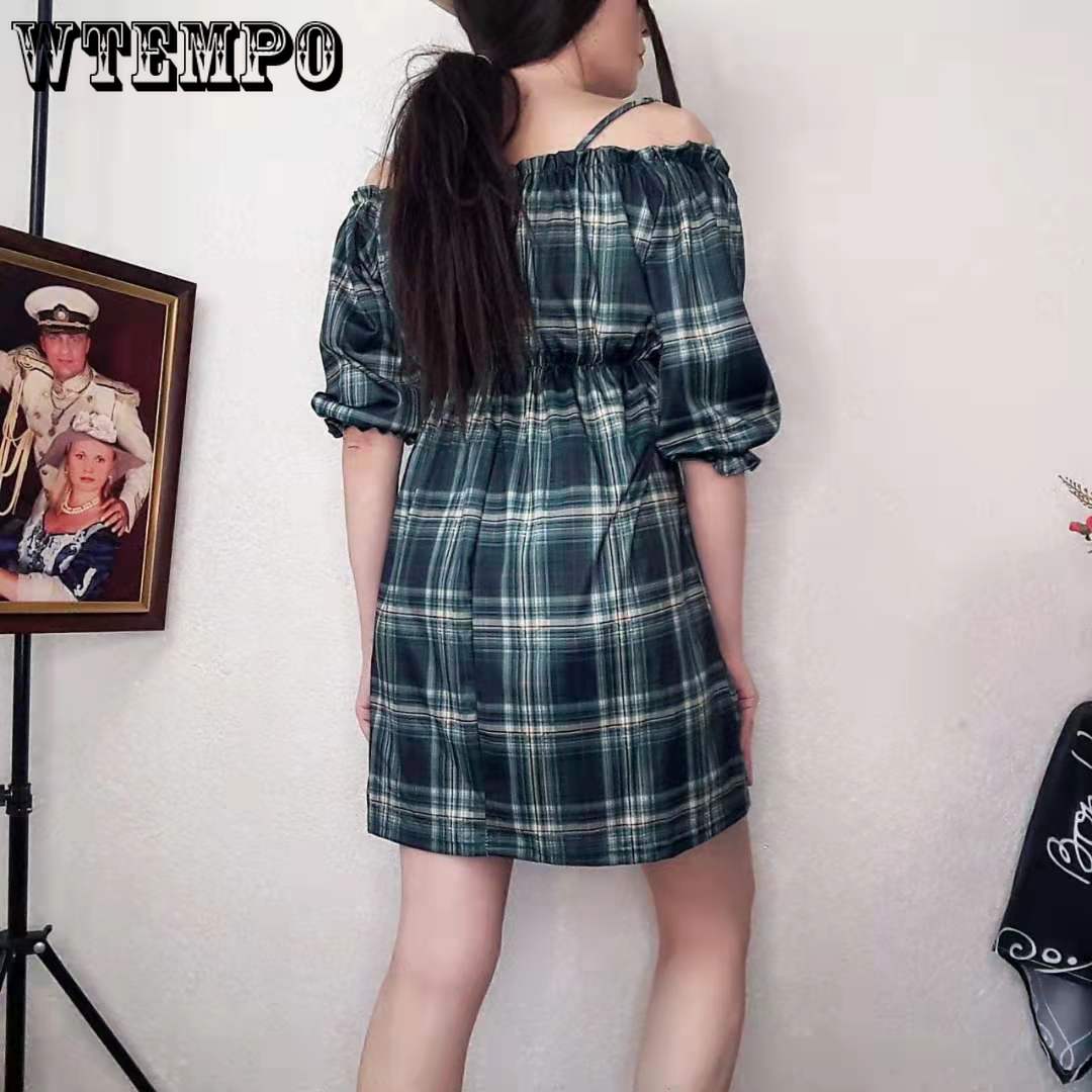 Women Sexy Off-shoulder Dress Retro Plaid Puff Sleeve A-line Dress Slash Neck Spaghetti Strap Mini Derss