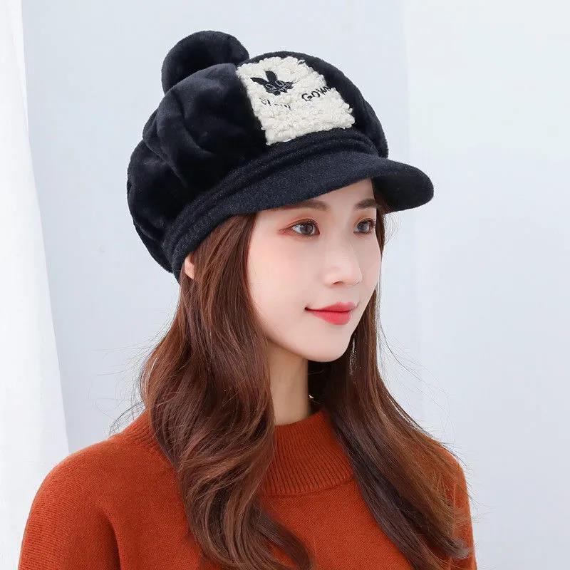 Winter Women's Hats Fashion Wild Embroidery Plush Hats Thick Warm and Windproof Caps