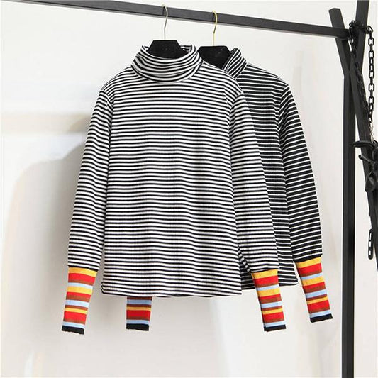 Autumn/Winter Loose Turtleneck Sweater Women Rainbow Sleeve Pullover Outer Knitwear Striped T-shirt