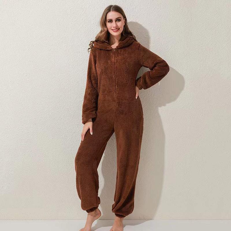 Women's Winter Cute Bear Ear Pajamas One Piece Plush Double Sided Fleece Home Wear Hooded Pajamas Loose Plus Size Pyjamas