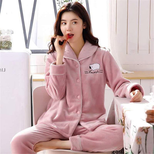 Pajamas Women's Flannel Thickened Plus Velvet Coral Fleece Warm Pajamas Suit Fabric Is Soft Breathable Non-balling and Non-fading