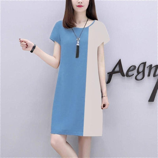 Round Neck Short-sleeved A-line Skirt Loose Dress Women's Summer Loose Loose and Thin Cover Meat Casual Skirt Stitching Color Dress