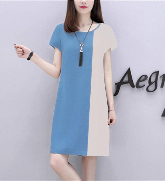 Round Neck Short-sleeved A-line Skirt Loose Dress Women's Summer Loose Loose and Thin Cover Meat Casual Skirt Stitching Color Dress