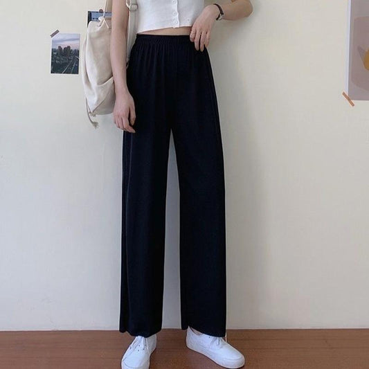 Ladies Pants Versatile High Waist Loose Thin Black Wide Leg Casual Pants