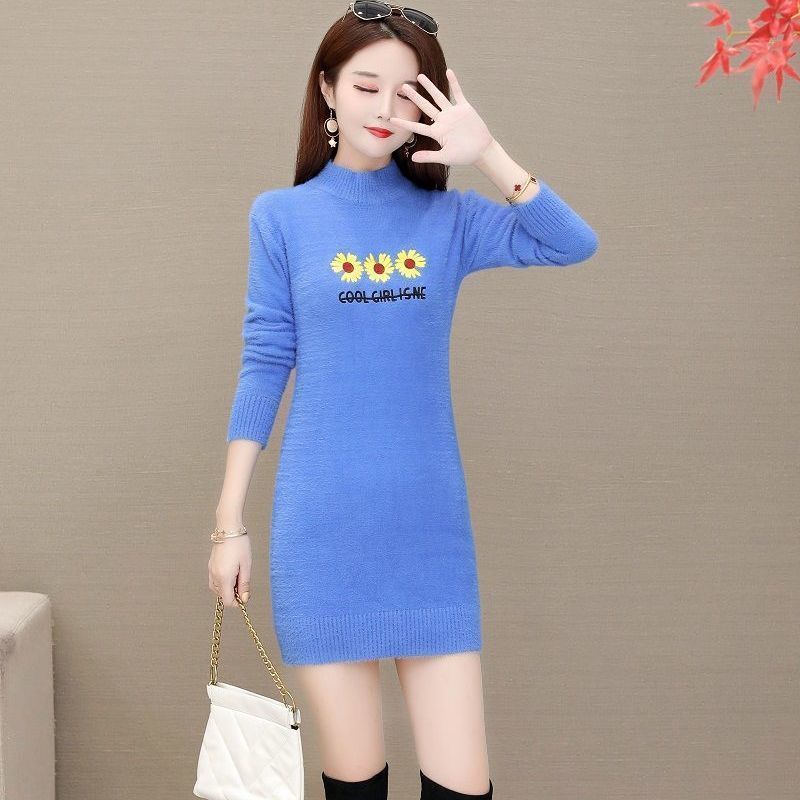 Autumn and Winter Mohair Knitted Sweater Half High Neck Thick Loose Bottoming Shirt Mid-length Casual Women Sweater Dress