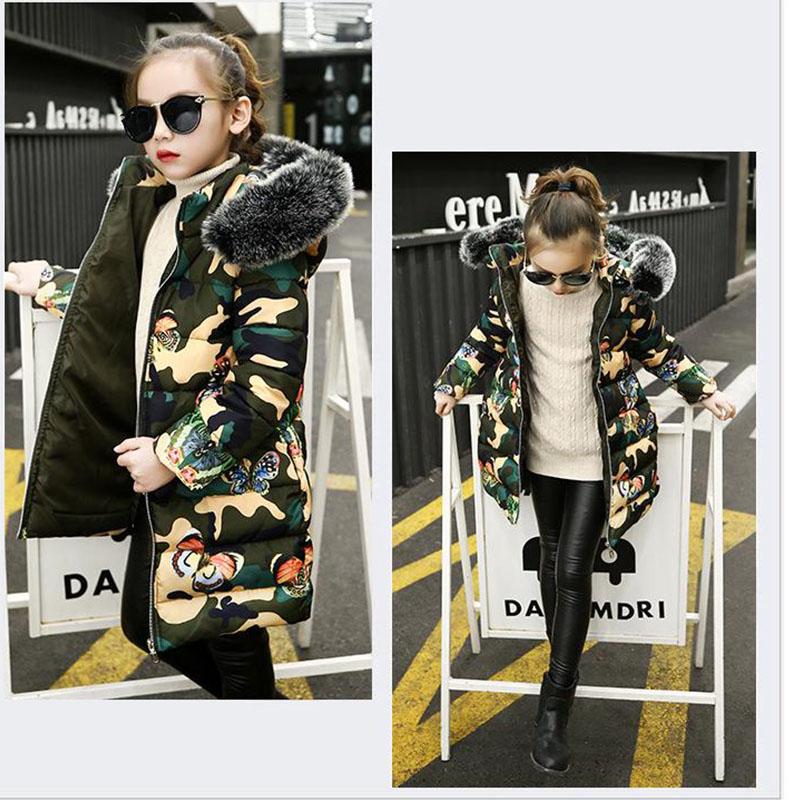 Winter Girls Camouflage Cotton Jacket Children Plus Velvet Thick Butterfly Print Hooded Winter Mid-length Warm Down Jackets