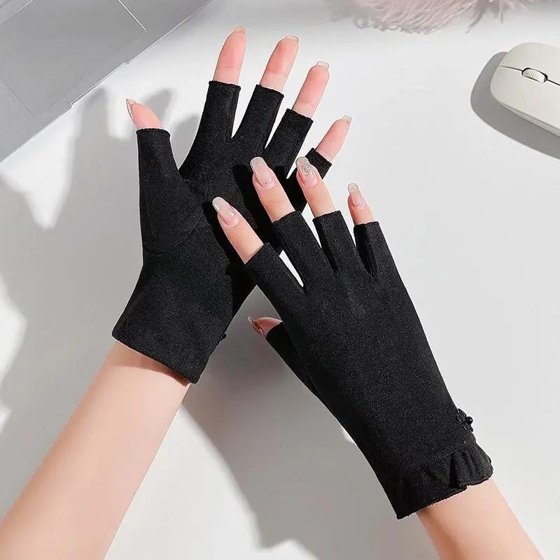 Women's Half-finger Gloves Warm Spring Autumn Fingerless Mittens Winter Female Cute Ruffled Simple Driving Office Gloves Solid Acrylic Elastic Gloves