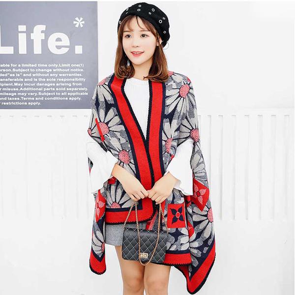 Fashion Geometric Color Imitation Comfortable Temperament Warm Poncho Shawl Scarf Knitted Shawl