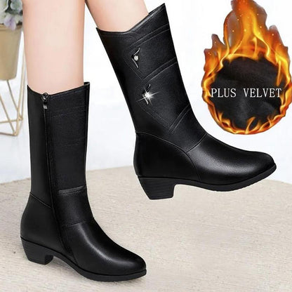 Winter Ladies Mid-heel Leather Boots Middle-aged Mother Mid-tube Boots Girls All-match Thin Martin Boots