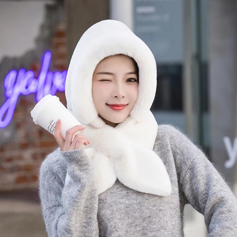 Women Plus Velvet Hat Rabbit Scarf Bow Set One Piece Fake Collar Winter Windproof Hooded Cold-proof Plush Padded Collar Warm Ear Protection Caps