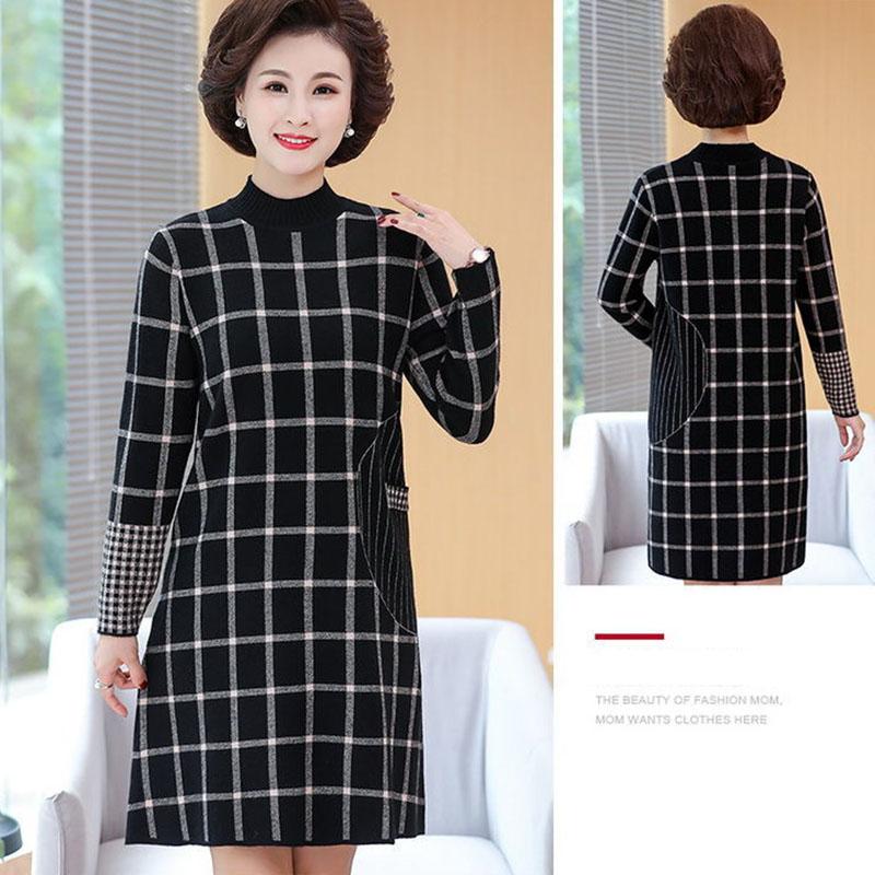 Autumn and Winter Half High Neck Knitted Dress Mid-length Casual Slimming Bottoming Skirt Checkered Pattern Middle-aged Women Sweater Dress