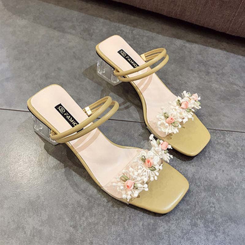 Sandals Female Spring and Summer Fairy Style Korean Fashion Flower High-heeled Two-wear Thick-heeled Slippers