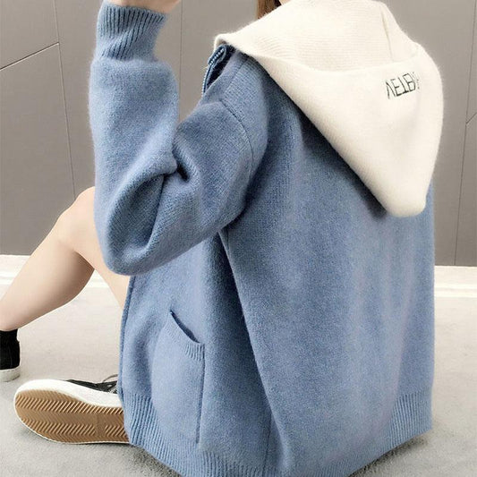 Autumn and Winter Cardigan Hooded Coat Loose Contrast Color Knitted Sweater Zipper Casual Women's Top