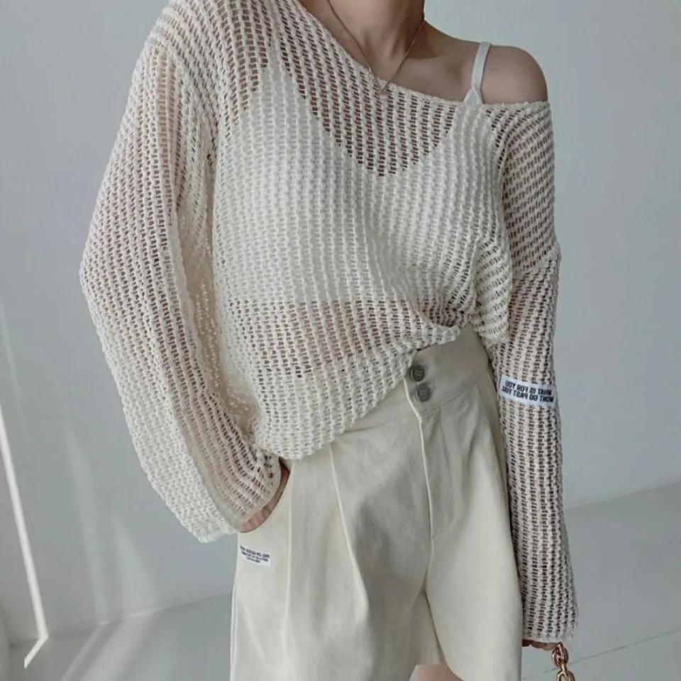 Knit Sweater Blouse Women's Summer Round Neck Pullover Loose Top Thin Hollow Sunscreen Argyle Sweater