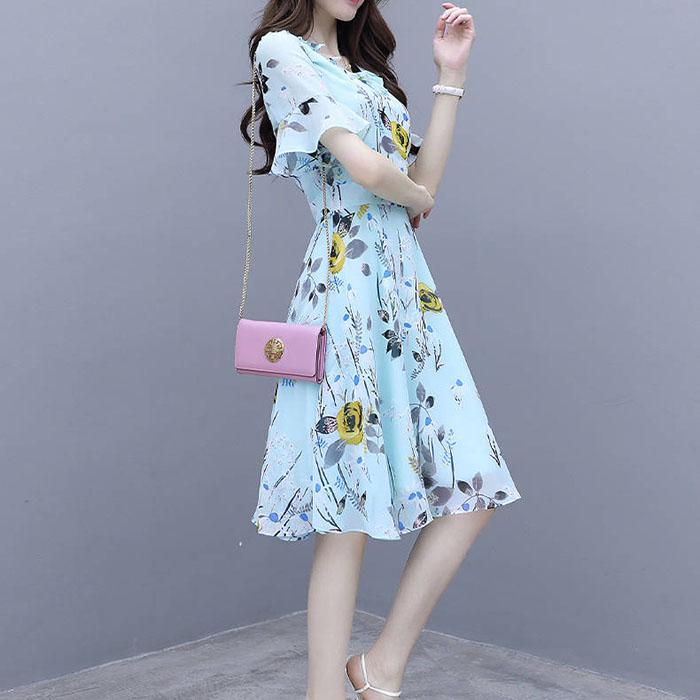 Pofulove S-2XL Women Summer High-end Floral Chiffon Dress Short-sleeved V-neck A-line Sun-dresses