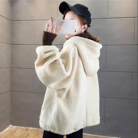 Faux Lamb Plush Hoodie Women's Fall/winter Loose Hooded Plus Velvet Thick Coat Women's Simple Warm Jacket Is Soft and Comfortable