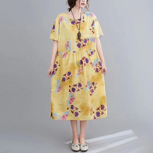 Summer Short-sleeved Dress Round Neck Print Loose and Thin Mid-length A-line Dress