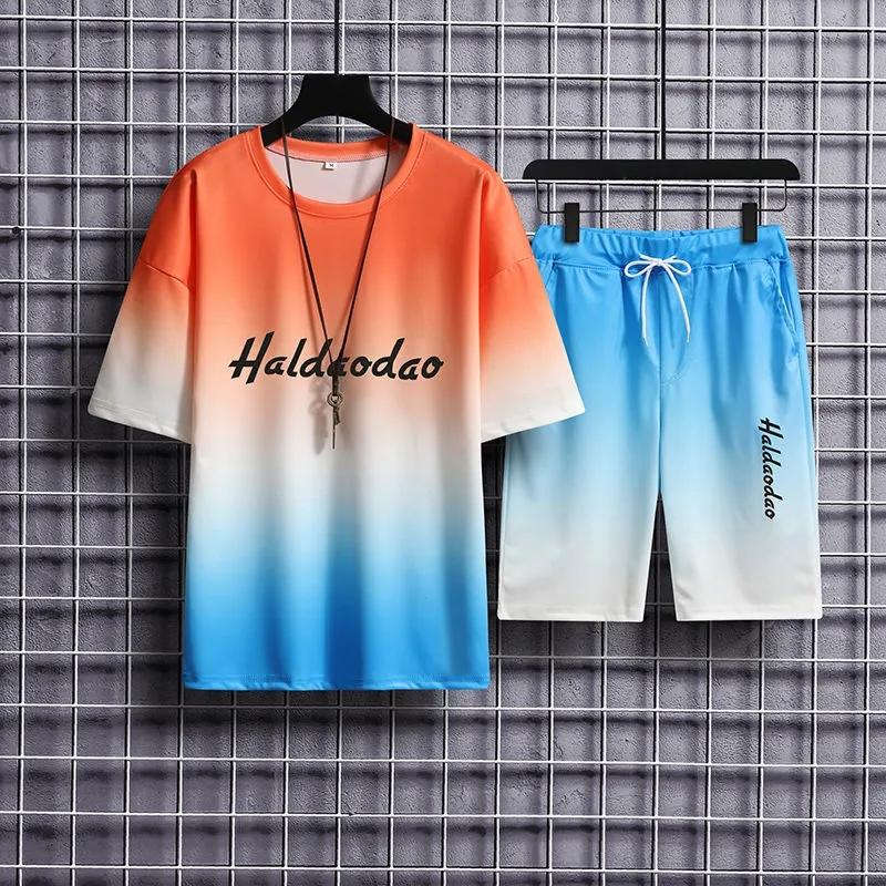 Summer Casual Sports Men's Short-sleeved Shorts Two-piece Men's Youth Gradient T-shirt