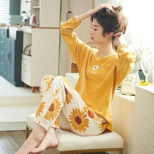 Pajamas for Women Spring Autumn Long Sleeve Sleepwear Set Winter Home Wear Suit Cartoon Cute Casual Simple Loose Girls Cotton Night Wear Pullover