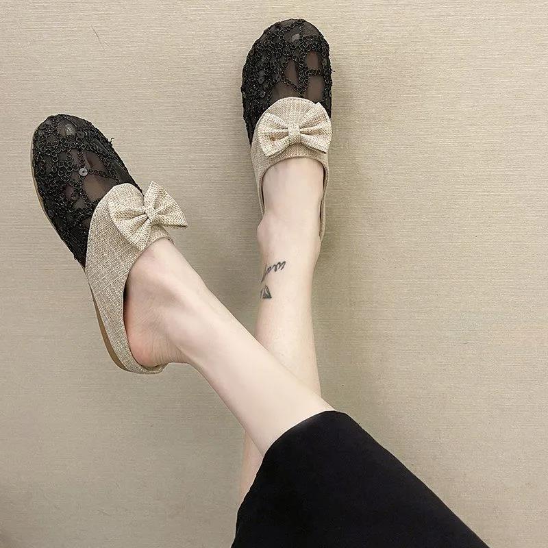 Lace Closed-toe Half Slippers Female Summer Hollow Linen Woven Loafers Lazy Outer Wear Sandals and Slippers