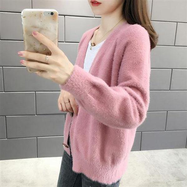 Autumn and Winter Mohair Knitted Jacket Cardigan Simple Casual Sweater Loose Long-sleeved Women's Top