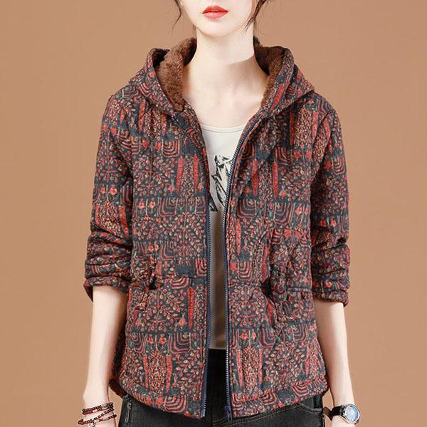 Vintage Printed Hooded Cotton-padded Jacket Women's Short Loose Thick Plus Velvet Padded Jacket Cardigan Parka Jacket Winter