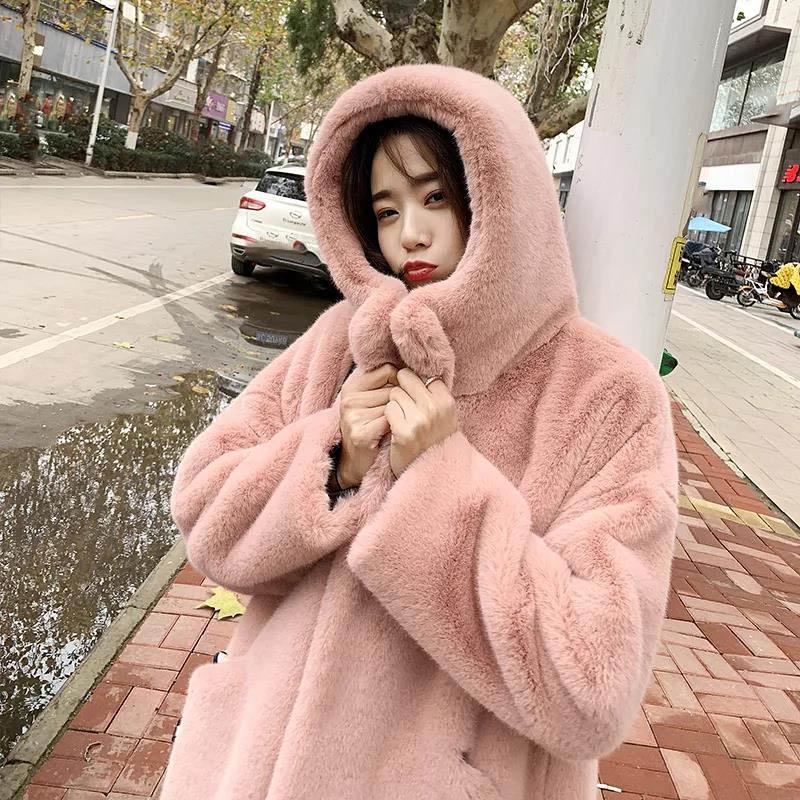 Furry Coat Plus Size Autumn and Winter Women's Thickened Long Hooded Loose Faux Fur Coat