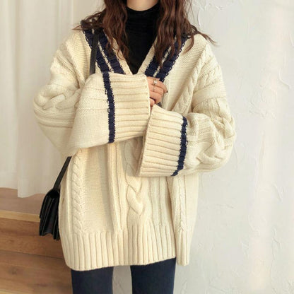 Color-blocking Thickened V-neck Sweater Women's Autumn and Winter College Style Loose Wild Retro Twist Knit Jacket Ladies Warm Top