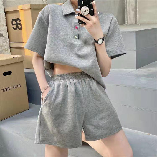 2PCS Casual Sports Suit Women's Summer Short-sleeved Polo T-shirt Shorts Sweet Two-piece Suit Workout Clothes Set