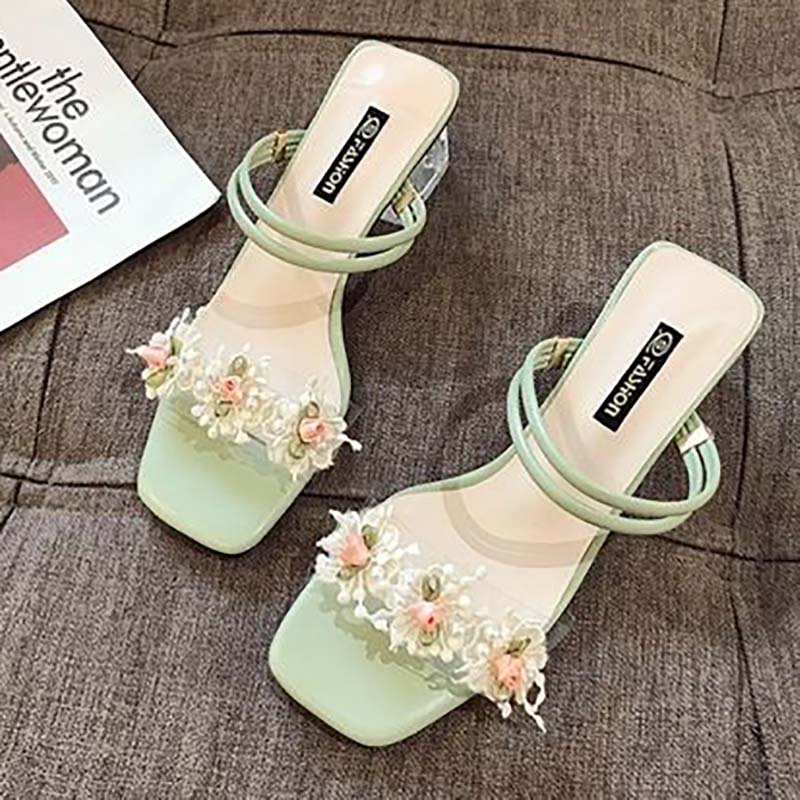 Sandals Female Spring and Summer Fairy Style Korean Fashion Flower High-heeled Two-wear Thick-heeled Slippers