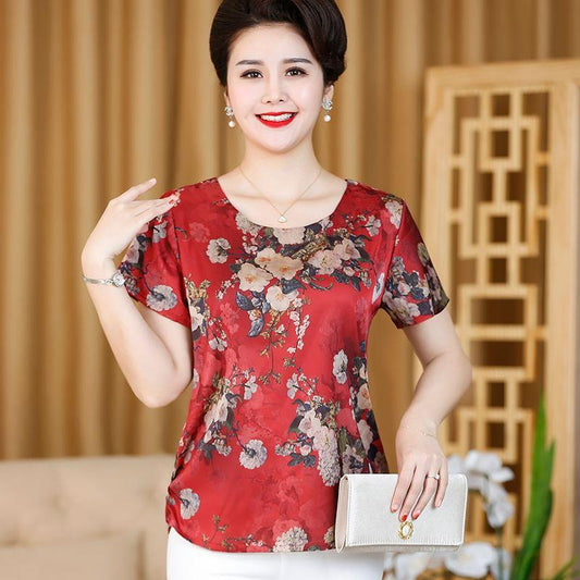 Summer Ice Silk Short-sleeved T-shirt Women's Printed Bottoming Shirt Floral Tops Daily Casual Loose T-shirt Fabric Smooth Light and Breathable