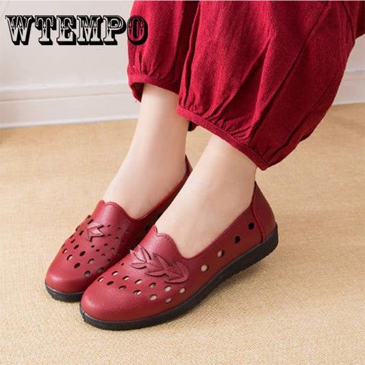 Flats Soft Leather Ballet Flats  Boat Shoes Women Loafers Plus Size Hollow Out Women Sandals