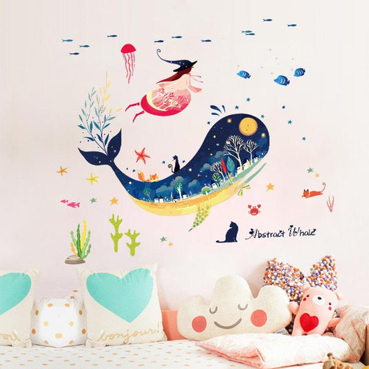 Abstract whale cartoon wall stickers animal removable self-adhesive wallpaper