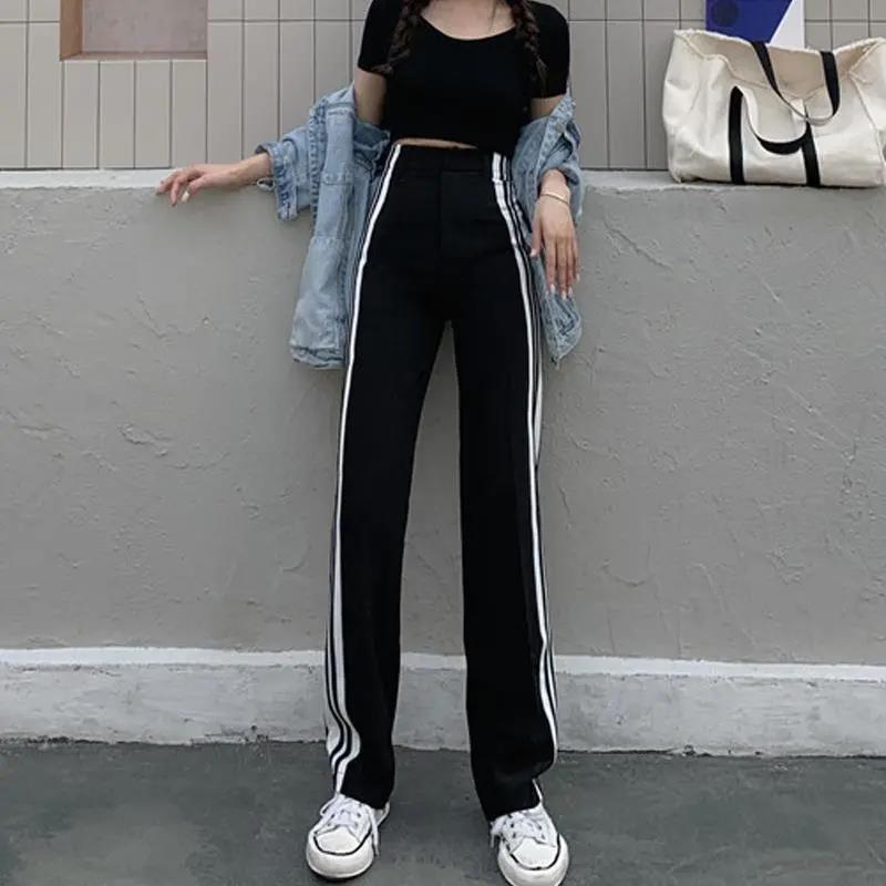 WTEMPO High Waist Sport Wide-leg Pants Striped Wild Loose Straight Leg Women's Baggy Trousers