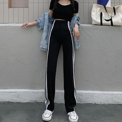 WTEMPO High Waist Sport Wide-leg Pants Striped Wild Loose Straight Leg Women's Baggy Trousers