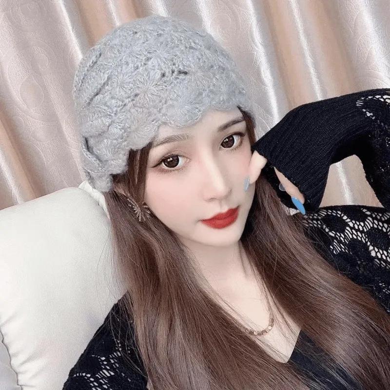 Knitted Hat Woman Autumn and Winter Wild Handmade Flower Warm Sweater Hat Bag Head Month Cap