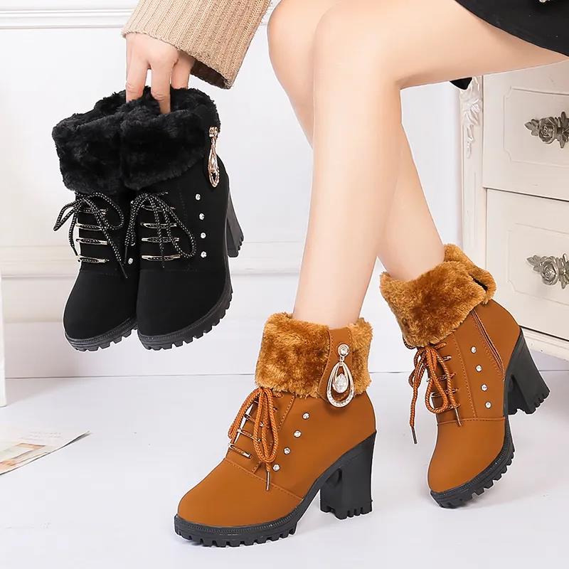 Plus Velvet Women's Boots 2021 Autumn Winter Martin Boots Female British Style High-heeled Short Boots Thick Heel Side Zipper