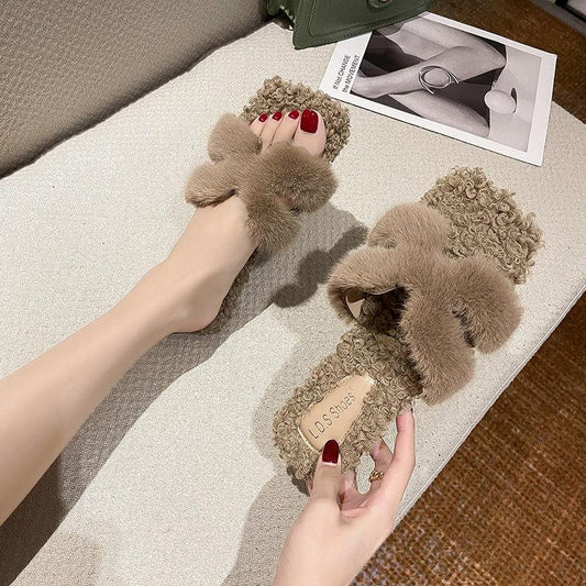 Ladies Cotton Slippers Plush Slippers Fall Winter Fashion Outer Wear All-match Flat Flat Shoes