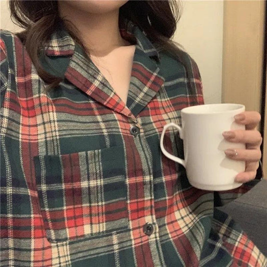 Women's Spring Autumn Simple Cotton Pajamas Long Sleeves Lapel Plaid Homewear Set Loose Comfortable Outwear Pajamas Female Sleeping Suit