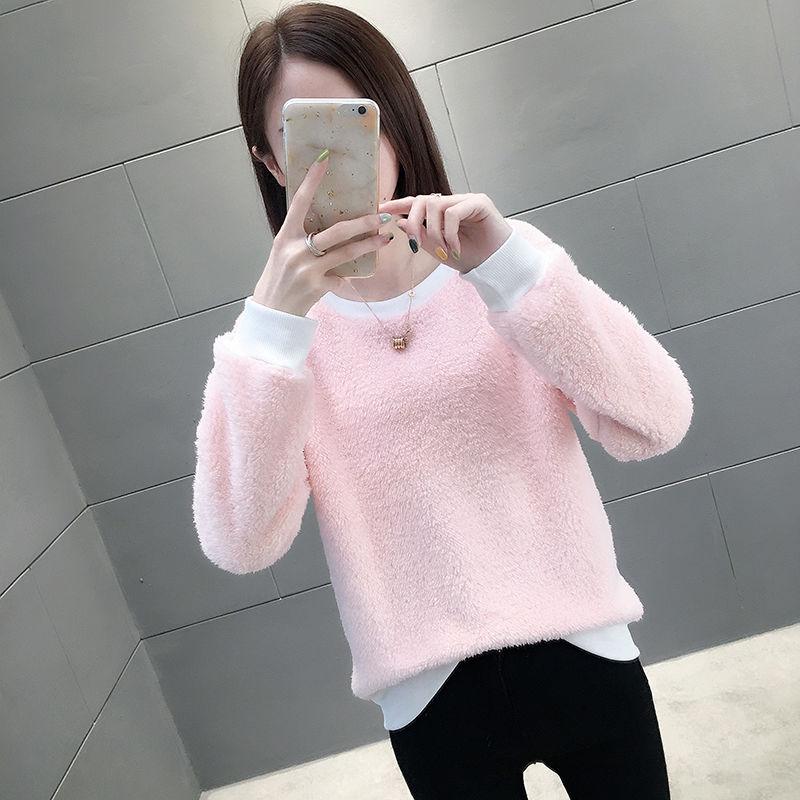 women's Winter Crew neck  yellow sweater warm long sleeve female velvet bottoming  loose Pullovers