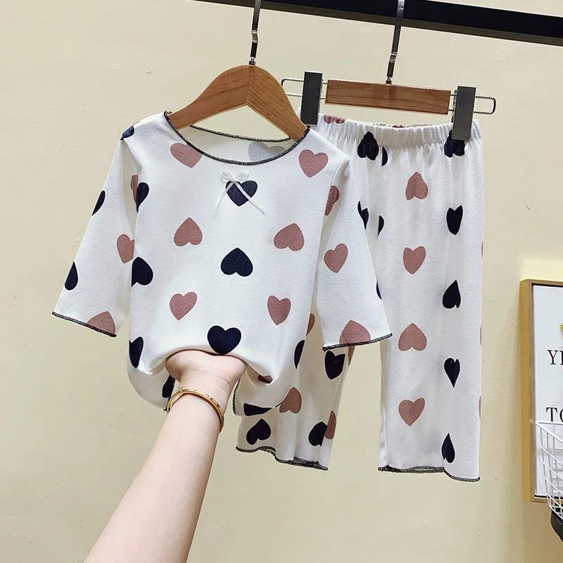 Girls' Spring and Autumn Summer Pajamas Children's Home Clothes Baby Three-quarter Sleeves Two-piece Air-conditioning Suit