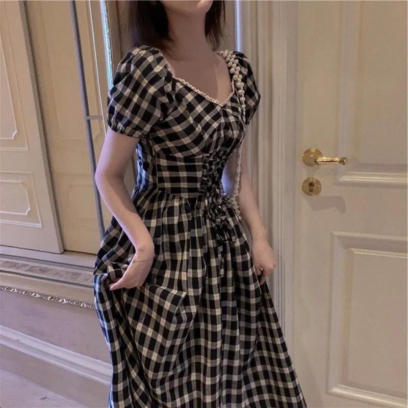 Female Vintage High Waist Super Fairy Holiday Dress Elegant Slim Pleated Retro Plaid Party Dress