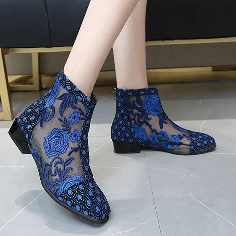 Ladies Square Toe Casual Office Boots Summer Boots Women Flower Mesh Zipper Round Toe Shoes