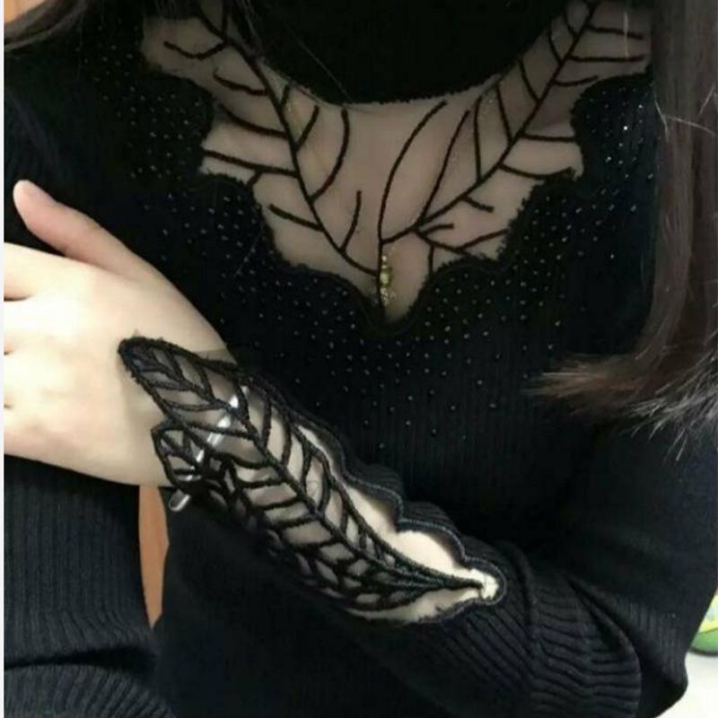 Pofulove Fashion Sexy Embroidered Rhinestone Lace Sweater Pullover Bottoming Shirt Hollow Sweater