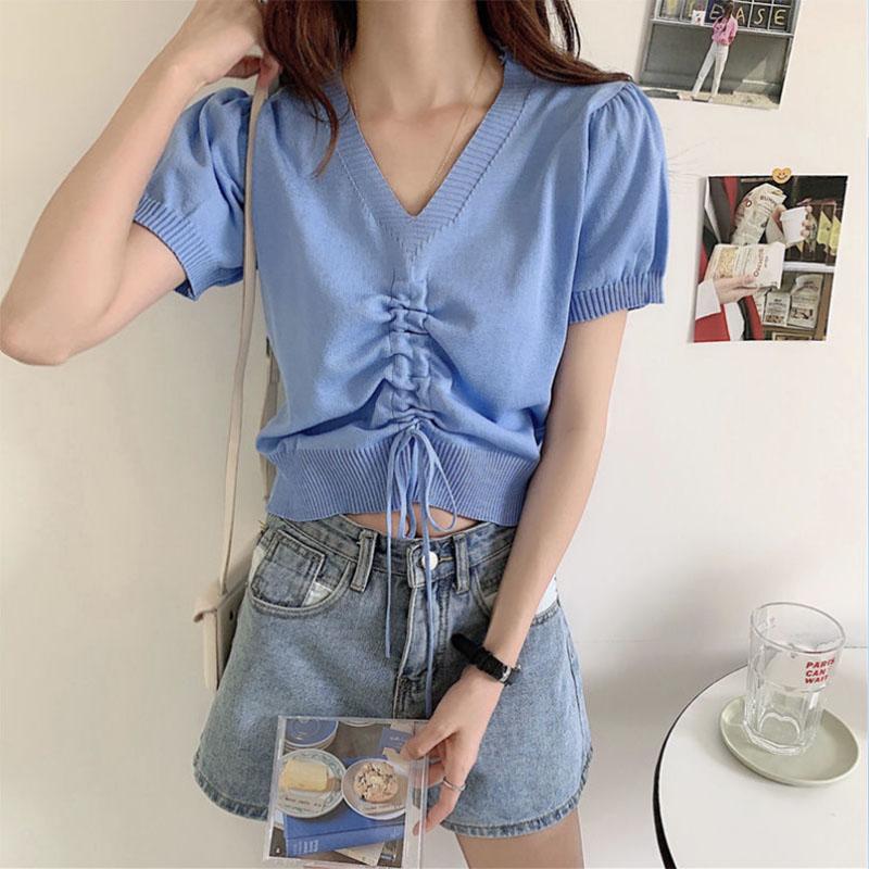 Solid Color Design Sense Niche Short Knitted V neck T-shirt Korean Style Chic Top Summer Style Bottoming Shirt Women