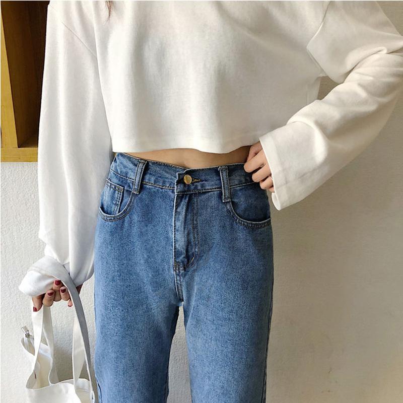 WTEMPO Retro Style Cropped Trousers Women's High Waist Jeans Large Size Loose Casual Modified Leg Type Straight Pants